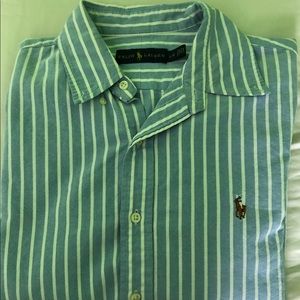 Button down polo dress shirt blue w/ stripe